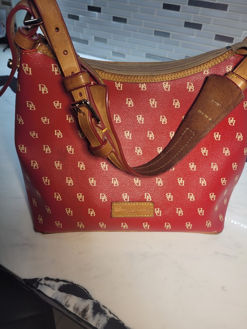 Dooney & Bourke Red Signature Monogram Shoulder Bag with Tan Leather Trim Y2K